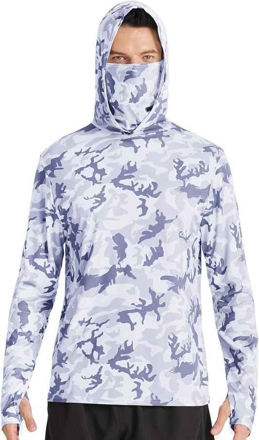 FISHEAL Men's Performance Fishing Hoodie Shirt - UPF 50+ Sun Protection Long Sleeve Thumbholes Shirts with Neck Gaiter