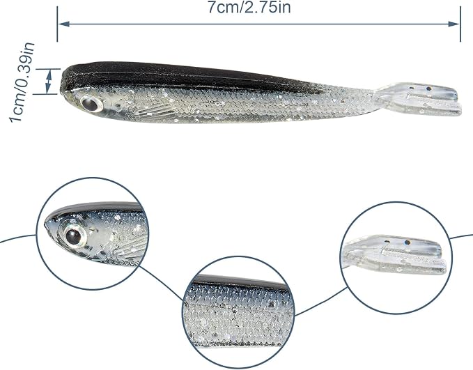 Syosisny 50 PCS Plastic Soft Fishing Lure, Lifelike Forked Tail Minnow, Fishing Baits Tackle for Saltwater and Freshwater Bass, Crappie, Walleye, or Trout Lures