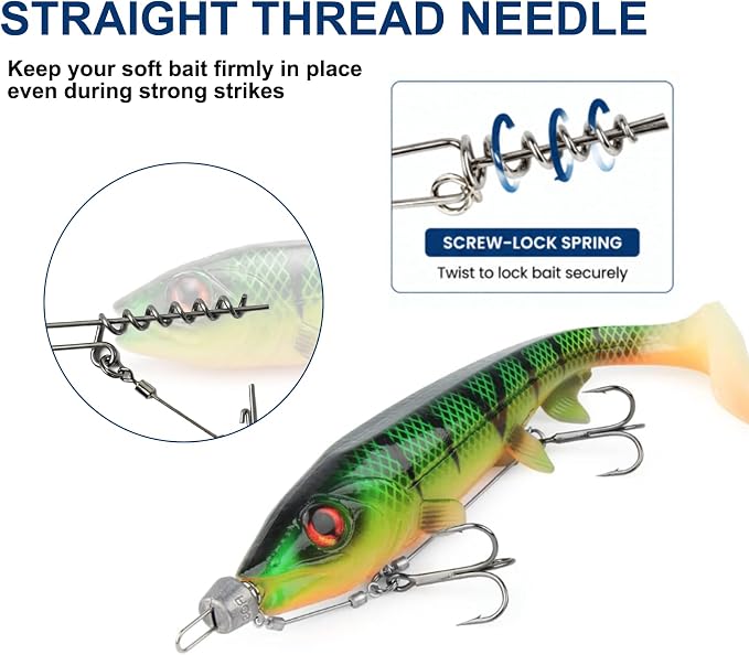 Eupheng 3pcs 3 Size Premium Pike Stinger Rig with Double Treble Hooks, Screw Rigging Kit with Sinker Weight for Soft Bait, Heavy-Duty Wire Leader