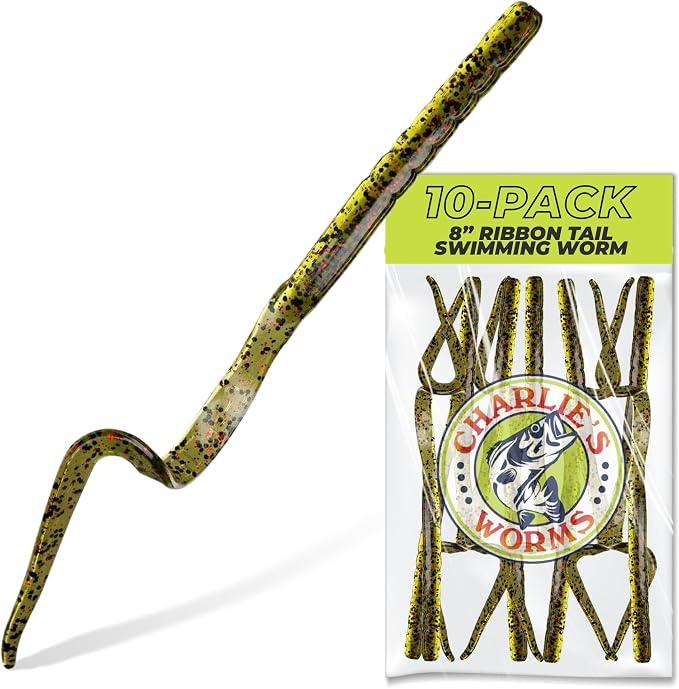 Charlie's Worms Artificial Fishing Bait 8" Ribbon Tail Swimming Worm, Freshwater Saltwater Bass Soft Lures Scented 10pk