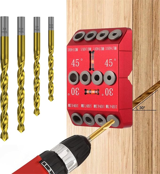 30 45 90 Degree Angle Drill Guide Jig for Hand Drill, Angle Drill Guide for Straight Holes and Angle Drilling, used for Stairs Handrails, Cable Railings, Decks, and Wood Posts Level design，with 4 Bits