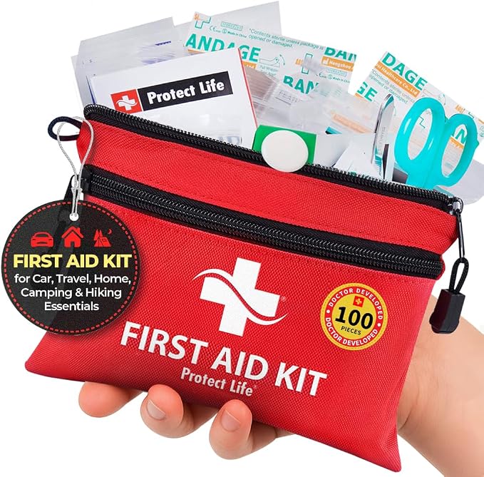 Protect Life Doctor Developed Mini First Aid Kit, 100 Piece Waterproof Emergency Kit for Car, Boat, Camping & Travel, Includes Emergency Blanket, Tourniquet & First Aid Guide