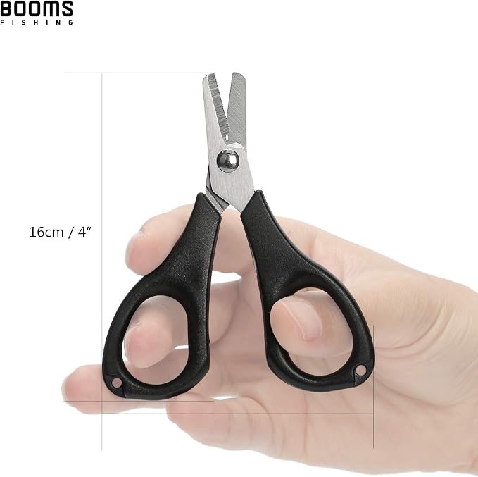 Booms Fishing S01 Fishing Scissors for Braided Line, Fishing Line Cutter Saltwater and Freshwater, Fishing Serrated Shears with Retractor, 3.9” Black