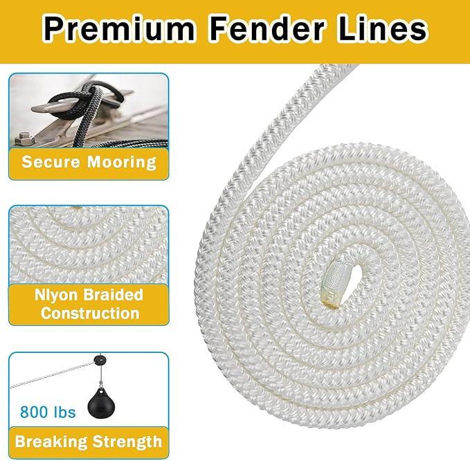 2 Pack 3/8'' x 6' Boat Fender Lines for Mooring, Docking Ties & Small Boat,Premium Marine- Grade Double Braided Nylon Boat Rope with a 5" Eyelet,Anti-Wear & Weather-Resistant-White
