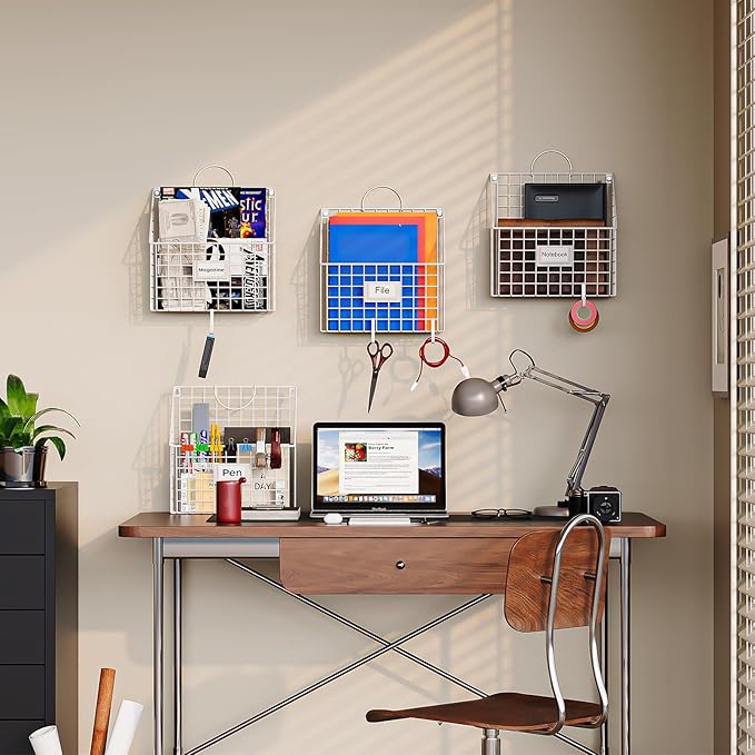 Wall File Organizer Metal Hanging File Organizer,Wall Mount File Holder, Magazine Rack and Mail Holder with Hooks for Home Office, 4 Packs, White(Patent Pending)