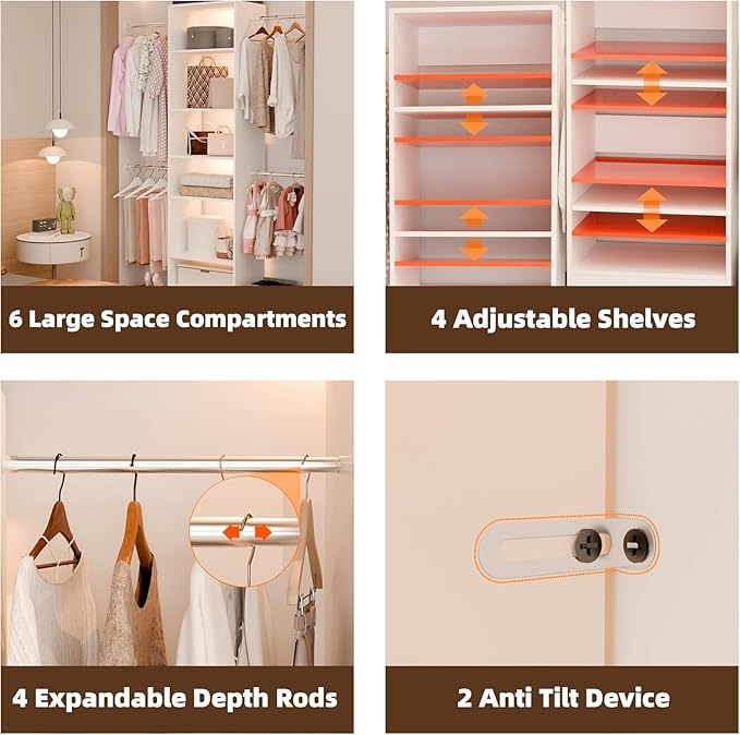 Closet System Set of 2, Closet Organizer System With Adjustable Shelves, Walk-In Closet Storage System With 10 Hanging Rods, Adjustable Cloth Garment Rack, Fits Spaces 6Ft-16Ft, White