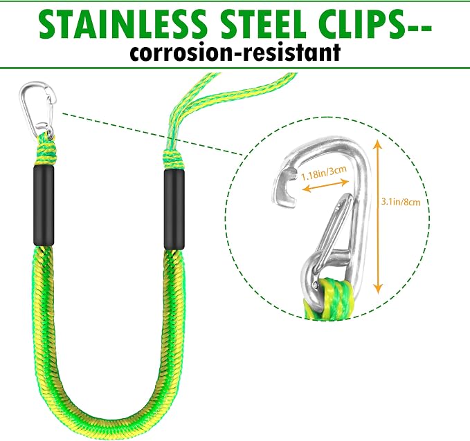 Boat Bungee Dock Lines – Adjustable Boat Tie Downs for Pontoon, Jet Ski, PWC, Kayak | Single Hook Small Cruiser Mooring Lines | (2, Green & Yellow, 4 Feet)