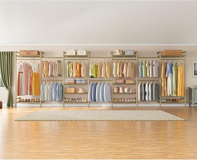 Timate U3 U Shape Garment Rack Heavy Duty Clothes Rack for Hanging Clothes, Expandable Industrial Pipe Clothing Racks Wall Mounted Closets L Shaped Closets Wardrobe Closet System Large Closet Kit Gold