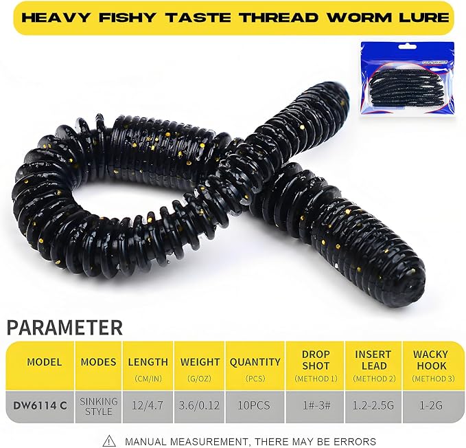 10Pcs/4.7'' Worms for Bait Bass Fishing, Soft Lures Plastic Noodle Wacky Worm Earthworm Silicone Threaded Bait for Ned rig, Fishing Lure Kit for Freshwater Saltwater