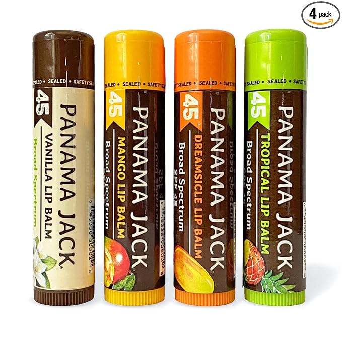 Panama Jack Sunscreen Lip Balm - SPF 45, Flavor Pack, Broad Spectrum UVA-UVB Sunscreen Protection, Prevents & Soothes Dry, Chapped Lips (Dreamsicle/Vanilla/Tropical/Mango)