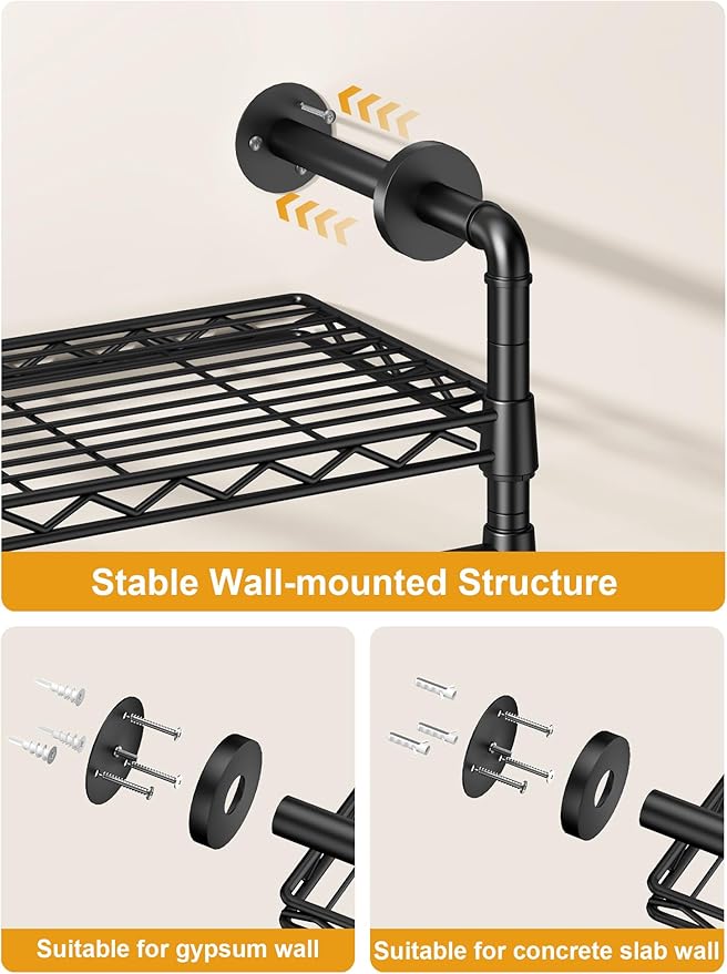 M6 Clothes Rack for Wall Mounted, Heavy Duty Closet Wardrobe System with 8 Shelves and 4 Hanger Rods, 68.5" W x 11.8" D x 86.6" H Clothing Storage Organizer for Holding 1064lbs, Black