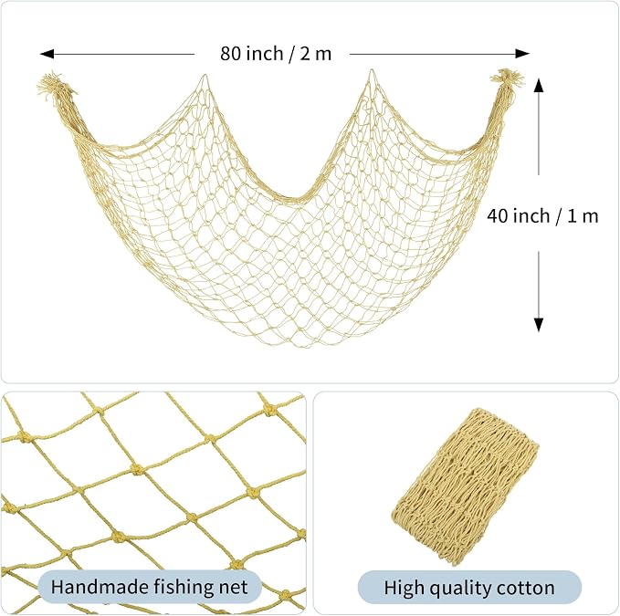 2 Pack Decorative Fishing Net, 80x40 Inch Large Yellow Wall Photo Hanging Fishnet, Cotton Fish Net for Nautical Mermaid Pirate Ocean Hawaii Beach Under The Sea Themed Party Decorations