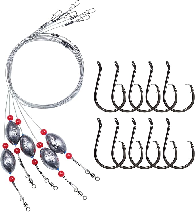Pre-Rigged Carolina Rig Saltwater, Egg Sinker Grouper Rigs with 10 Circle Hooks, Stainless Steel Leader Fishing Wire, for Snapper Flounder Sea Bass Surf Fishing Bottom Rig
