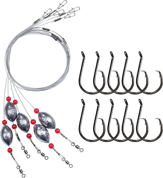 Pre-Rigged Carolina Rig Saltwater, Egg Sinker Grouper Rigs with 10 Circle Hooks, Stainless Steel Leader Fishing Wire, for Snapper Flounder Sea Bass Surf Fishing Bottom Rig