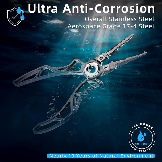 Gomexus 7 Inch Fishing Pliers and Titanium Plating, Saltwater Resistant Fishing Gear, Line Cutter, Hook Remover, Stainless Steel Split Ring Pliers with Carbide Blade-EXOSKELETON 7"