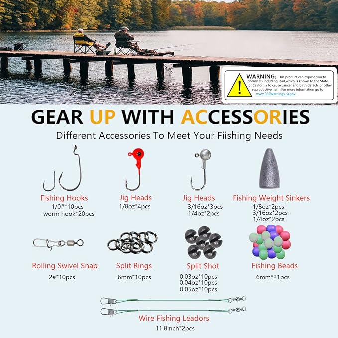 Fishing Lures Kit Set, Baits Tackle Including Crankbaits, Topwater Lures, Spinnerbaits, Worms, Jigs, Hooks, Tackle Box and More Fishing Gear Lures for Bass Trout