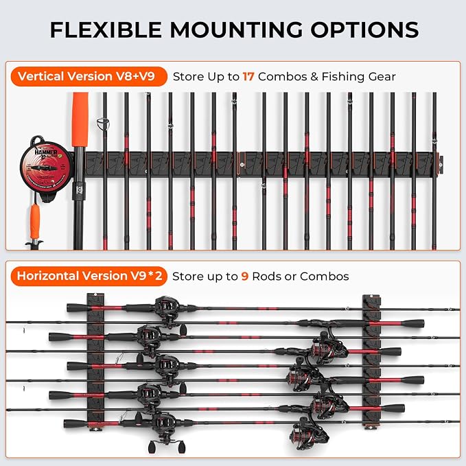 KastKing GravityLock V9 Vertical Fishing Rod Holder, 2-Pack Wall Mounted Fishing Rod Rack, Holds Up to 18 Fishing Rods or Combos, Heavy-Duty Grip, One size Fits Most, Fishing Rod Holders for Garage