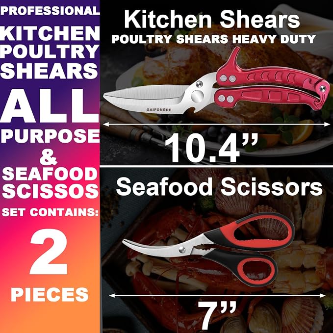 Heavy Duty Poultry Shears Seafood Scissors 2pcs set,Kitchen Shears for food Heavy Duty,Kitchen Scissors All Purpose,Chicken,Fish,Meat,Seafood, Easy to Cleaning,Dishwasher Safe