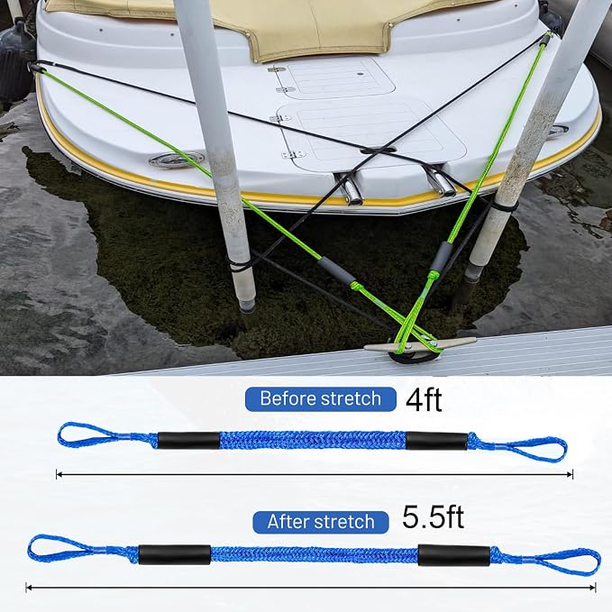 Boat Bungee Dock Lines, Mooring Rope for Docking with Loop, Boat Ropes, Boat Accessories, Quick and Easy Dock for PWC, Kayak, Seadoo, WaveRunner, Pontoon, Bass Boat (Blue)