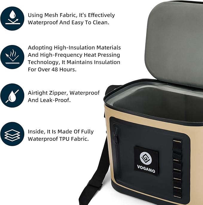 Vogano 40 Can Soft Cooler Bag - Insulated Leak-Proof Large Cooler Bag with Roll-Top Waterproof Seal | Portable Ice Chest for Camping, Beach, Travel, Picnics | 24HR Cold Retention