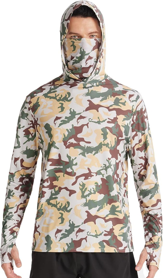 FISHEAL Men's Performance Fishing Hoodie Shirt - UPF 50+ Sun Protection Long Sleeve Thumbholes Shirts with Neck Gaiter
