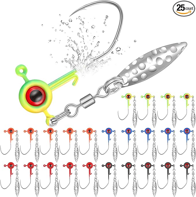 Skylety Crappie Jig Heads Kit Fishing Underspin Jig Heads Hook Lure with Eye Ball and Spinner Blade 1/16 oz Head Jigs for Saltwater & Freshwater