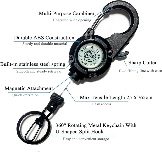 Fly Fishing Zinger Retractor with Carabiner Clip, 26" Steel Wire, Line Cutter, Magnetic Closure, 360° Rotation, 1/2 Packs, Multiple Colors for Fishing, Cycling, Hiking