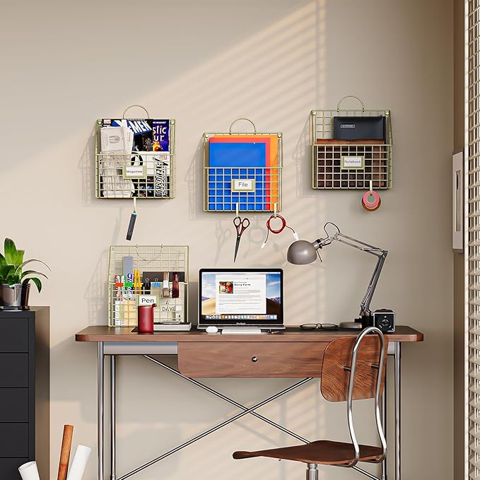 Wall File Organizer Mesh Hanging Wall Files Holder,Magazine Rack and Mail Basket with Hooks, Office Wall Organizer for Papers Folders Files Clipboard 4 Packs, Gold(Patent Pending)