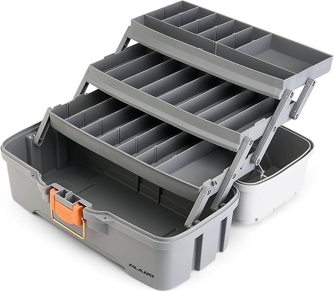 Plano Three-Tray Tackle Box, Light Grey/Dark Grey, Rust-Proof Brass Latch, Top-Access Tray with Deep Storage, Made in the USA, Portable Fishing Gear Storage Organizer