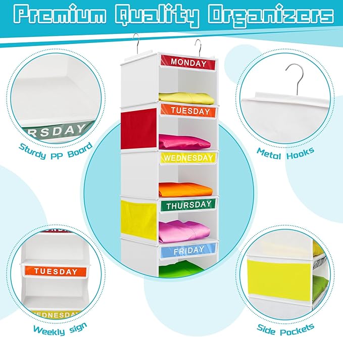 Amylove 2 Pcs 7 Shelf Weekly Clothes Organizer for Kids Hanging Closet Organizer 11. 8 x 11. 8 x 50 Inches Daily Activity Kids Clothes Storage Drawers Cube Drawers Closet Hanging Shelves(White)