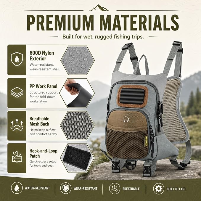 Qiullen Fly Fishing Chest Pack,Waterproof Tackle Bag with Zip-Down Workstation,Fly Box Storage,Net Holder,Adjustable Straps for Wading and Stream Fishing
