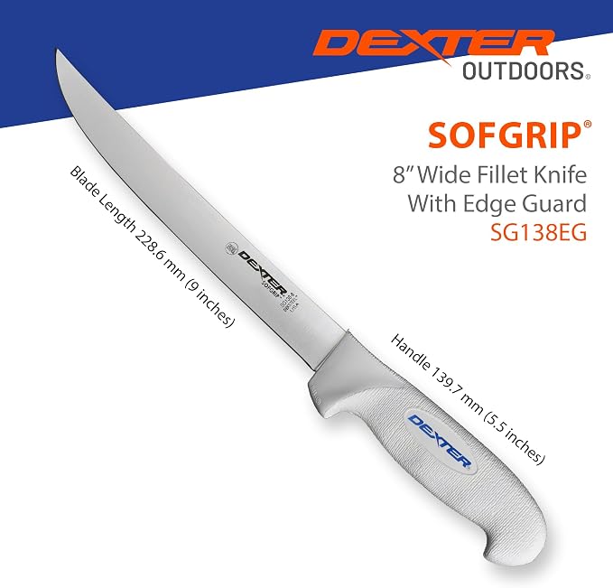 Dexter Outdoors 8" SOFGRIP Wide Fillet Knife | Includes Edge Guard | High-Carbon American Stainless Steel Blade | Resists Corrosion | Comfortable, Slip-Resistant Handle | Made in USA