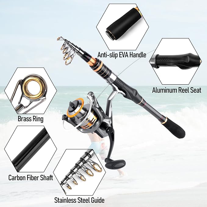 Dr.Fish Fishing Rod and Reel Combo Telescopic Fishing Pole 6-9.8ft Collapsible Spinning Rod 3000 Reel Bass Gear Equipment Freshwater