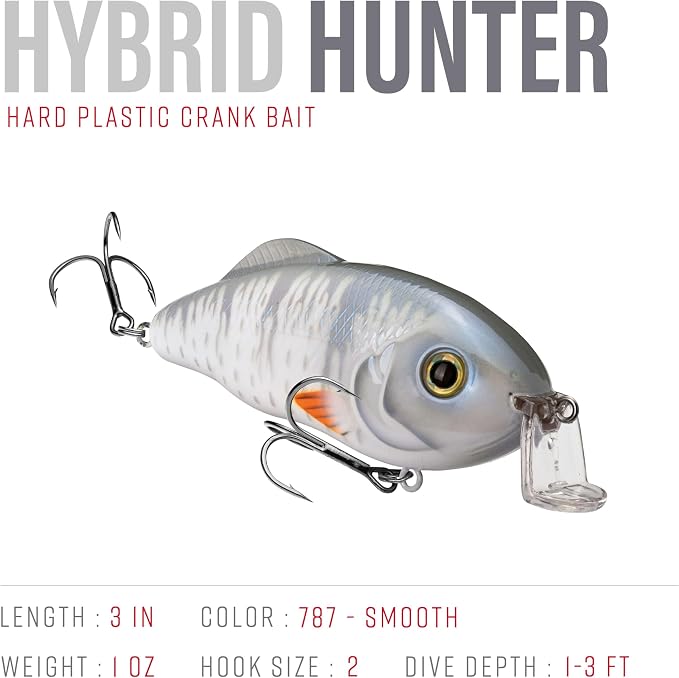 Strike King Hybrid Hunter Shallow Jr. Fishing Lure, Shallow Diving Crankbait, 90-Degree Bill, 3D Eyes, Loud Rattle, Dives 1 to 3-Feet,Size 4 & 6 Treble Hooks