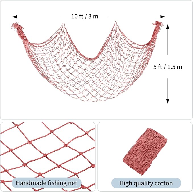 2 Pack Decorative Fish Net, 5x10 ft Large Red Fishing Net for Hanging Stuffed Animals & Party Decorations, Fishnet for Nautical Mermaid Pirate Beach Hawaii Under the Sea Themed Party Decorations