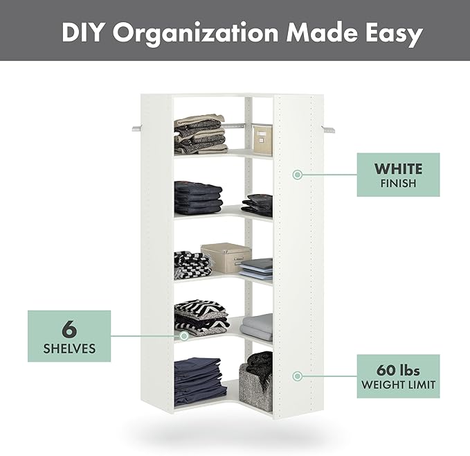 Easy Track Adjustable Corner Tower Clothing Storage Kit Closet Organizer, White