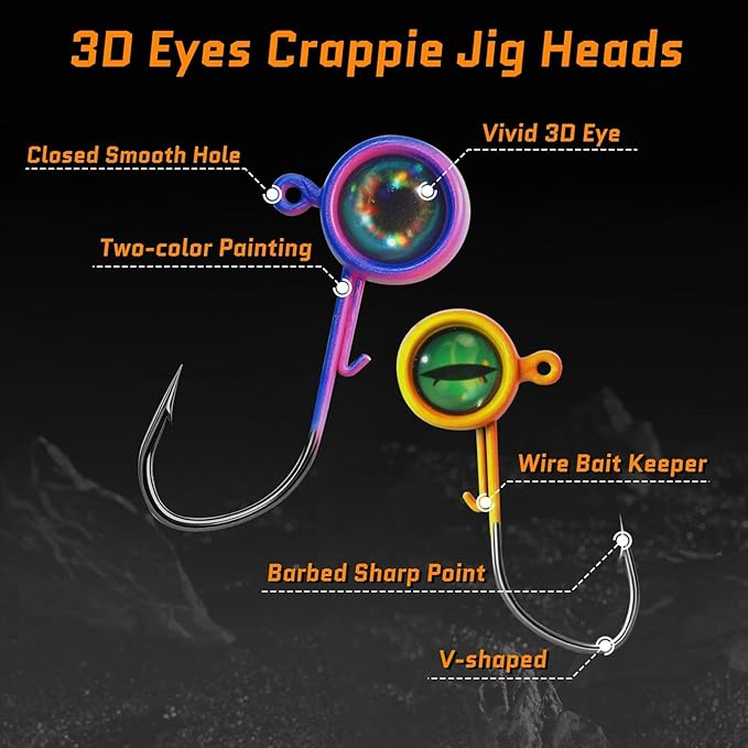 FishTrip Crappie Jig Heads, 25/40packs Fishing Jig Heads Hooks with 3D Eyes Swimbait Jig Head for Crappie Bass Fishing 1/32oz, 1/16oz, 1/8oz, 3/16oz, 1/4oz