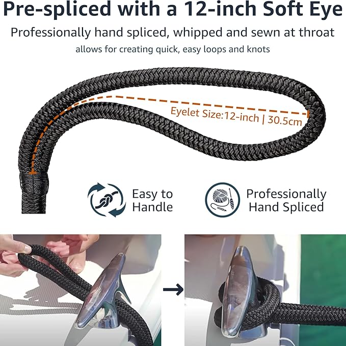 2 Pack 1/2" x 20' Dock Lines - Marine Grade Nylon Boat Rope with 12" Loop for Docking and Mooring - Double Braided Boat Lines, High Strength, Easy Handling, Fray Resistant - Black