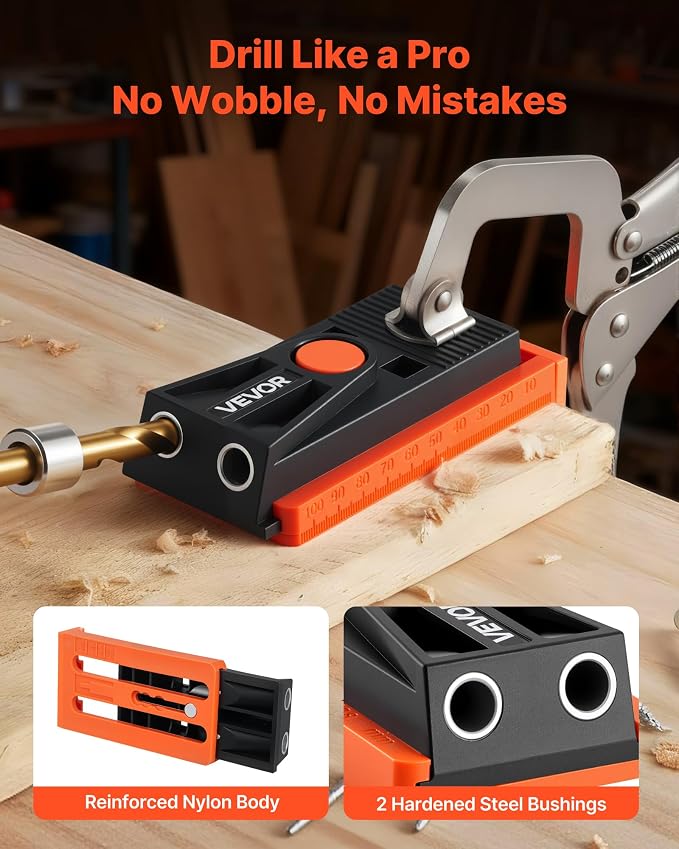 VEVOR Pocket Hole Jig Kit, 1/2 to 1-1/2 in Adjustable, Mini Jig Pocket Hole System with Step Drill, Hex Wrench, Drill Stop Ring, Square Drive Bit, and Screws, Reinforced Nylon Frame, for Woodworking