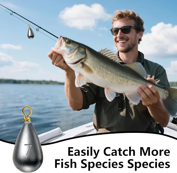 Casting Sinker Weights Assortment, Teardrop Fishing Sinkers with Brass Swivel Loops, 1/8 oz to 3/4 oz, Drop Shot Weights for Bass Catfish, Freshwater Saltwater