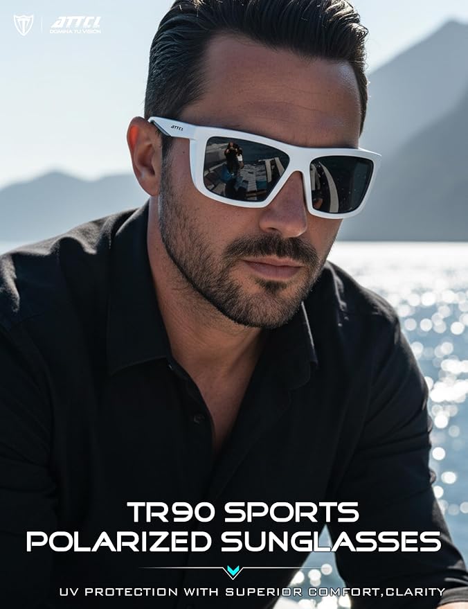 ATTCL Sports Polarized Sunglasses for Men: Secure Anti-Slip Lightweight TR90 Square Frame UV Protection for Driving Fishing