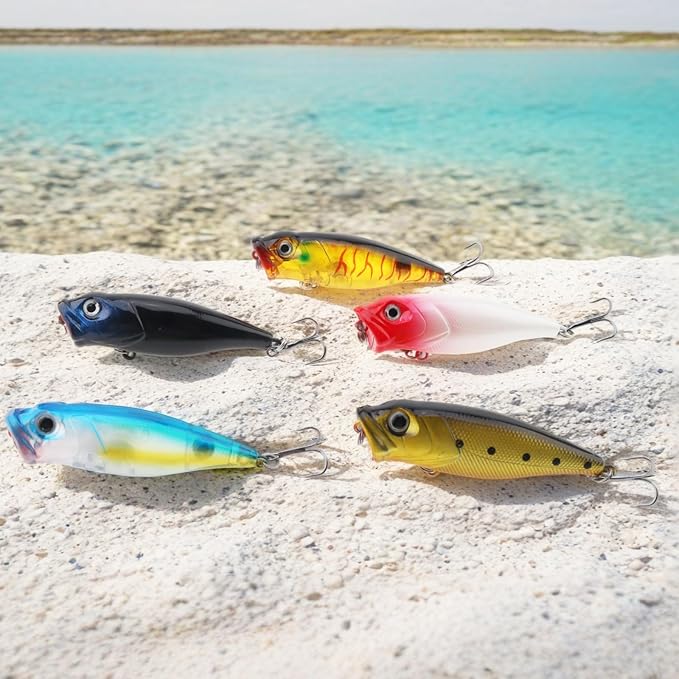 5pcs Fishing Popper Lure, Colorful 3D Eyes Topwater Lures Bass Lures Fishing Hard Baits