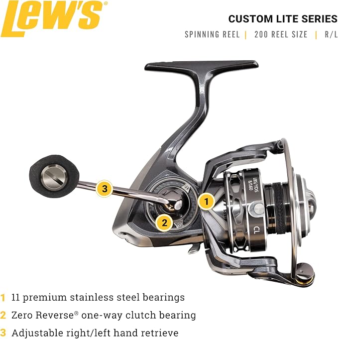 Lew's Custom Lite Spinning Fishing Reel, 10+1 Stainless Steel Ball Bearings, Right or Left-Hand Retrieve, Carbon Grey