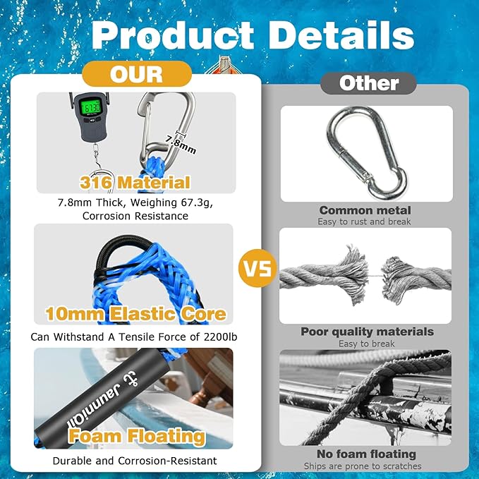 JaunniQir Bungee Dock Lines for Boats 4.3 Feet, 2 Pack Dock Lines with 316 Stainless Clips for PWC, Jet Ski, Kayak, Watercraft, Pontoon, Shock Absorbing Tie Off Downs Boat Mooring Ropes Accessories