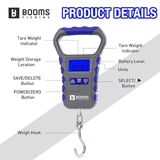 Booms Fishing Digital Fish Scale: USB Charging Fish Weigher 65lb Capacity - Waterproof Luggage Scale, LCD Display, Ergonomic Handle, Potrable Multi-use Fishing Accessories, Gray&Blue, XW50