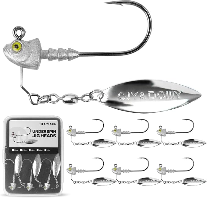 6-Pack Underspin Jig Heads with 100% Brass Blade (Never Rust) - 3/16oz, 1/4oz, 3/8oz, 1/2oz - Bass & Saltwater Fishing