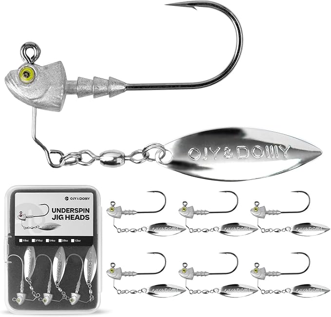 6-Pack Underspin Jig Heads with 100% Brass Blade (Never Rust) - 3/16oz, 1/4oz, 3/8oz, 1/2oz - Bass & Saltwater Fishing