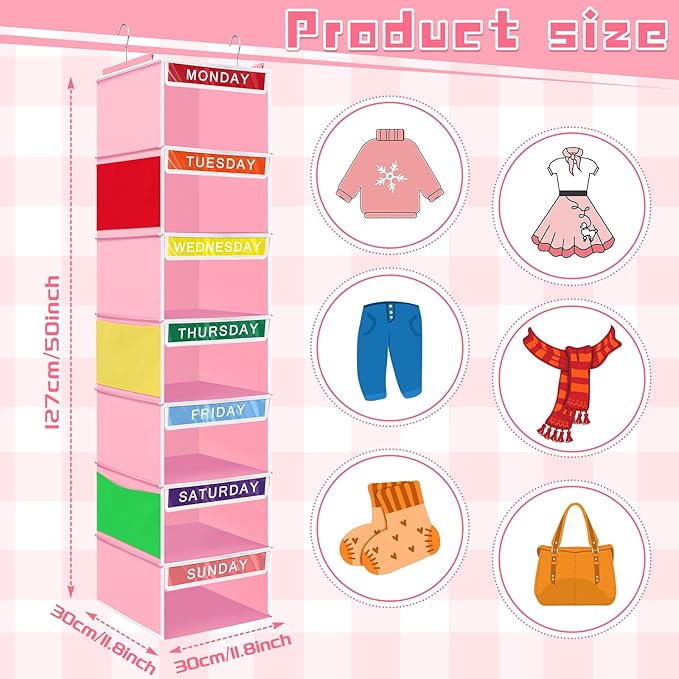 Amylove 2 Pcs 7 Shelf Weekly Clothes Organizer for Kids Hanging Closet Organizer 11. 8 x 11. 8 x 50 Inches Daily Activity Kids Clothes Storage Drawers Cube Drawers Closet Hanging Shelves(Pink)