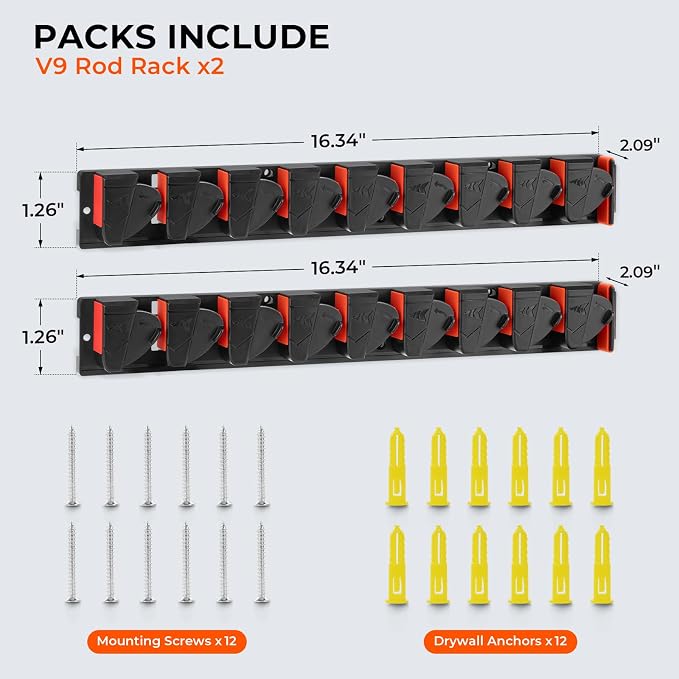 KastKing GravityLock V9 Vertical Fishing Rod Holder, 2-Pack Wall Mounted Fishing Rod Rack, Holds Up to 18 Fishing Rods or Combos, Heavy-Duty Grip, One size Fits Most, Fishing Rod Holders for Garage