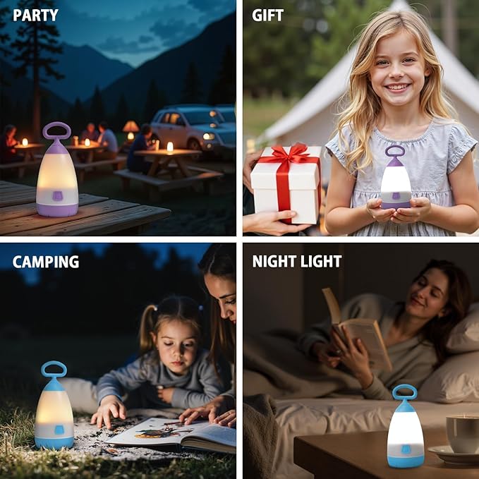 2-Pack Kids Camping Lantern & Night Light, Battery Operated, 360° Eye-Safe Light, IPX4 Waterproof RGB Portable, Sibling Gifts (Purple & Blue, 6× AAA Included)